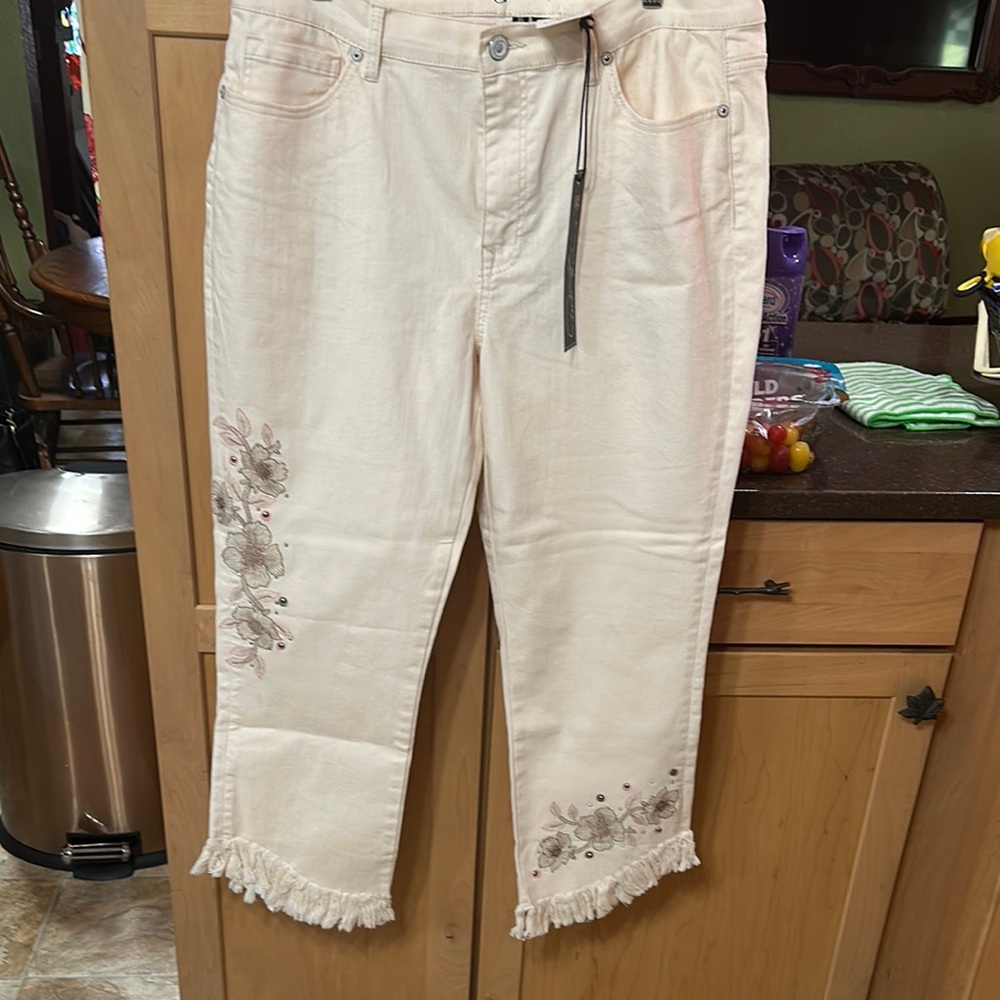 DG2 by Diane Gilman  Women's Cream Jeans with Floral Embroidery